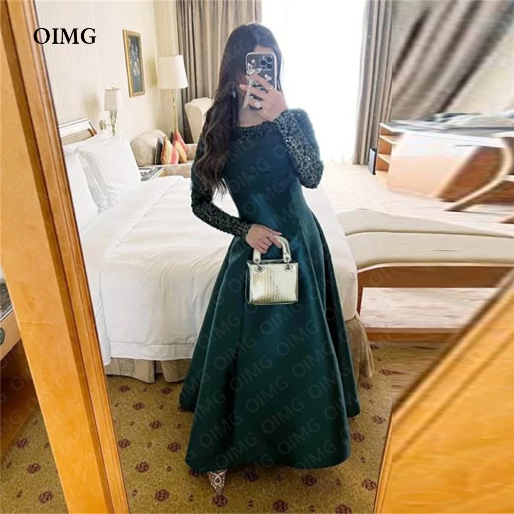 

Зеленое Шелковое атласное блестящее ТРАПЕЦИЕВИДНОЕ вечернее платье OIMG с длинными рукавами, складками, женские платья для выпускного вечера в стиле Саудовской Аравии, элегантное платье