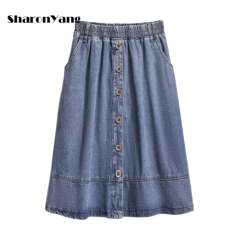 Knee Length Denim Skirt Women Streetwear Casual Elastic High Waist A-Line Jeans Skirt for Women Large Size 4XL 5XL 6XL 65-150Kg