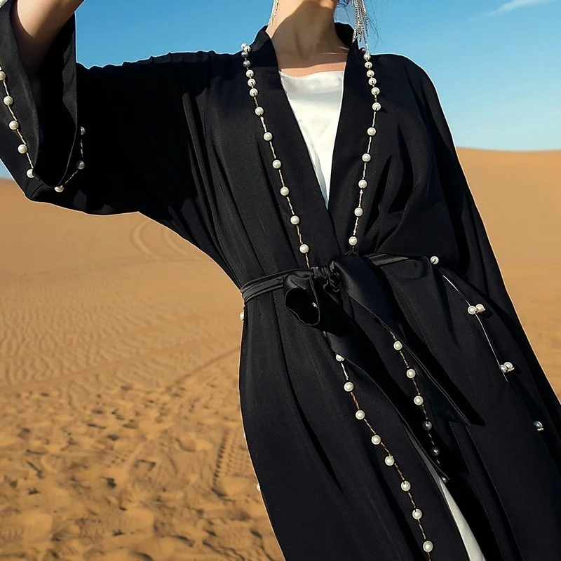 Black Vintage Beaded Long Ladies Abaya Dress Open Kaftan Fashion Muslim Dubai Turkey Kimono Cardigan Robe Oversize With Belt