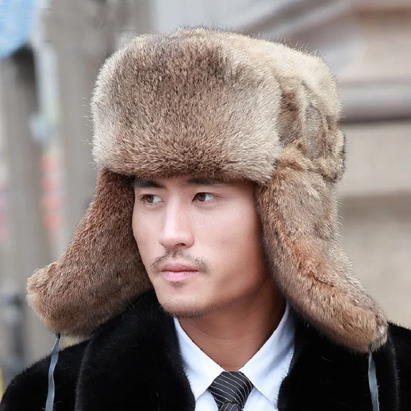 Men's Real Rabbit Fur Hat Winter Warm Cap Earmuffs Trapper Hat Ushanka Black Brown Grey