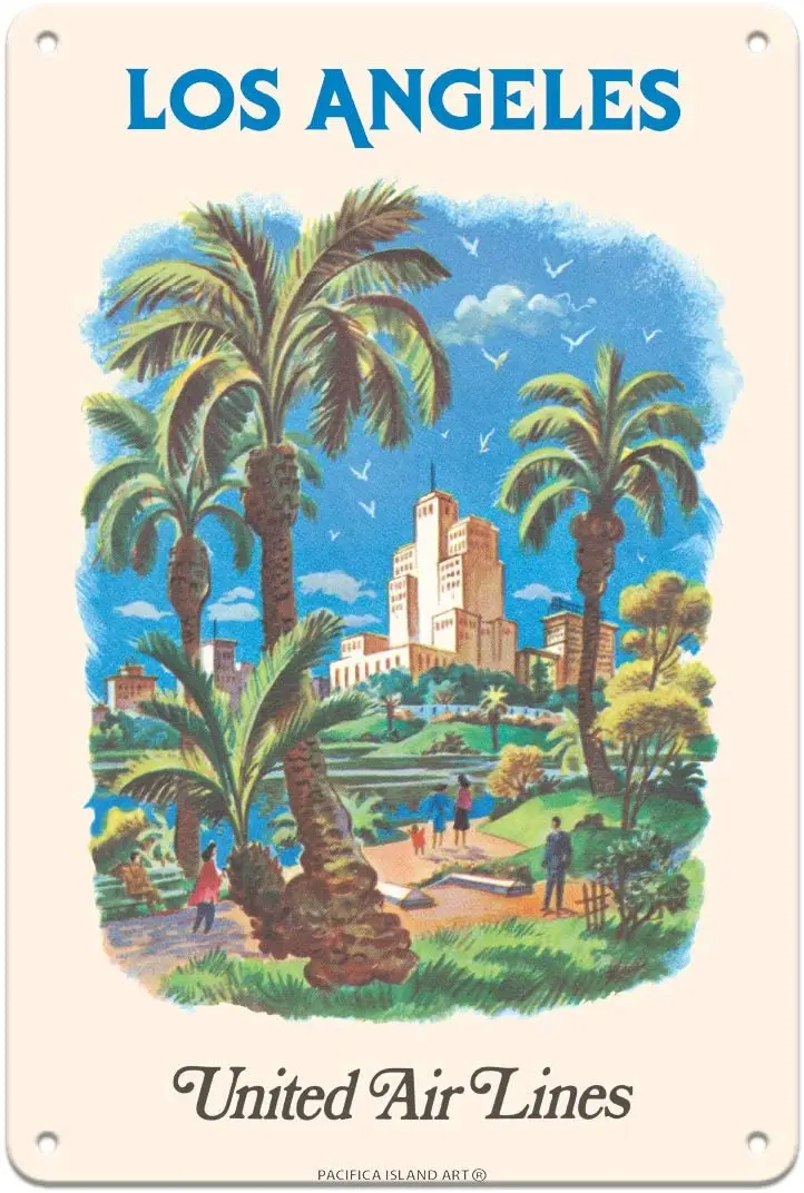 

Pacifica Island Art Los Angeles, California - MacArthur Park Lake - United Air Lines - Vintage Airline Travel Poster by Joseph