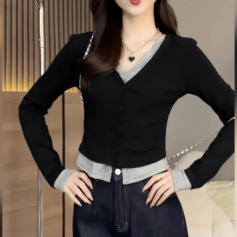 Женские рубашки с V-образным вырезом имитация 2 шт. Осенние пикантные пряные