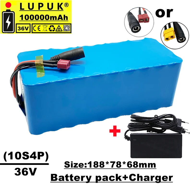 

36V lithium-ion replacement battery, 100Ah, 10s4p, 1000W, built-in BMS protection, suitable for electric bicycles+chargers