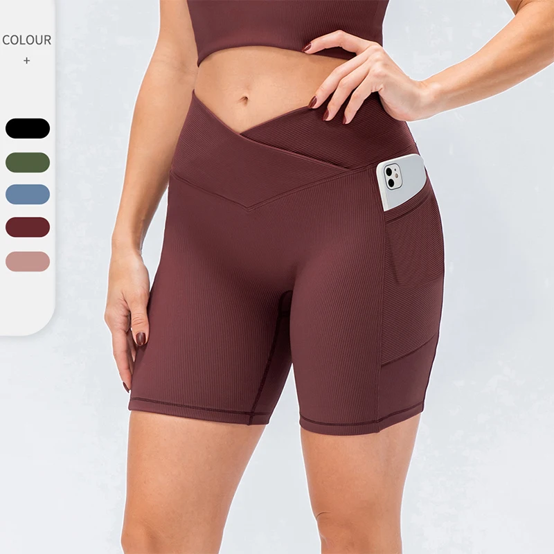 

WHOUARE Women Shorts Cross Waist Fitness Pants with Pockets High Waist Hip Lifting Leggings Running Sports Shorts 2022 New