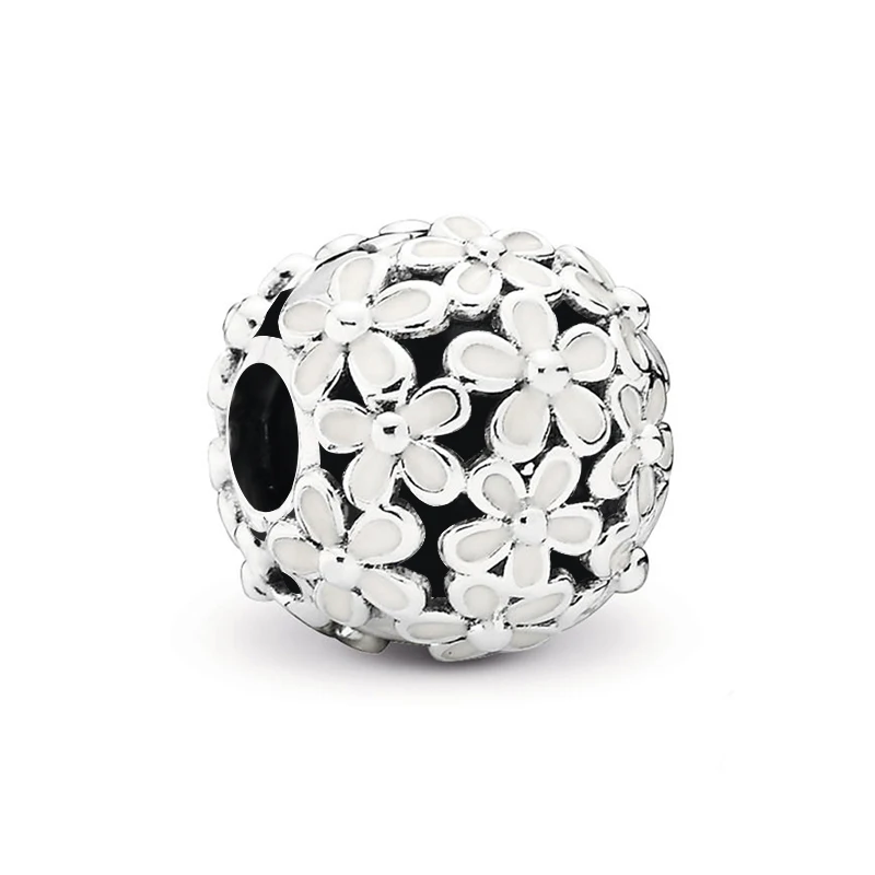 

Shiny 925 Solid Silver Beads Openwork Daisy Meadow White Enamel Charms Fit Pandora Original Bracelet Women DIY Jewelry Gift