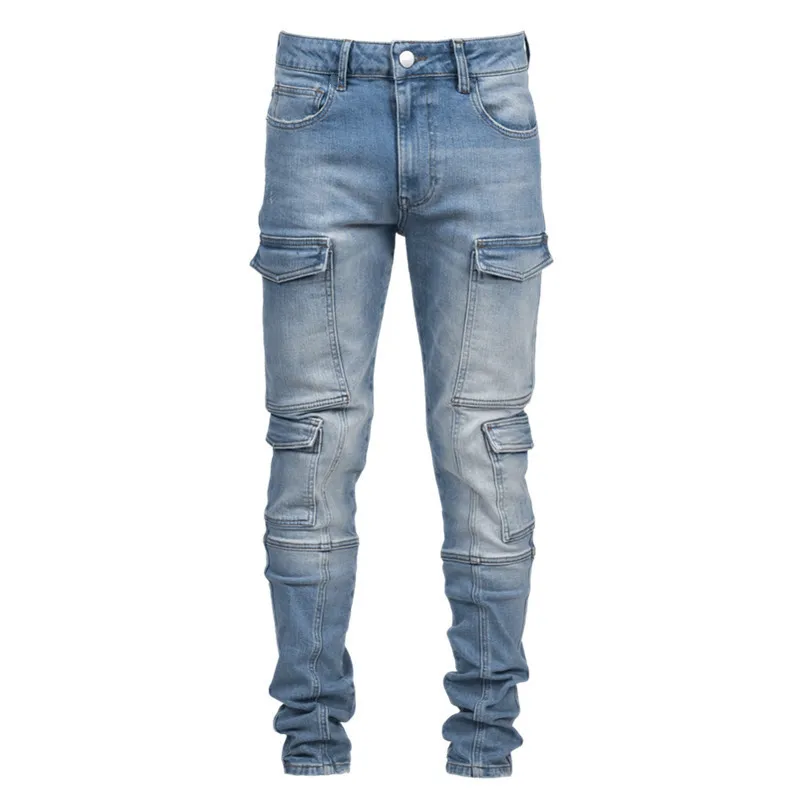 New Multi-pocket Men's Jeans Slim Stretch Trend Men's Jeans Pencil Pants Full Length Solid Color Trousers Denim Pants