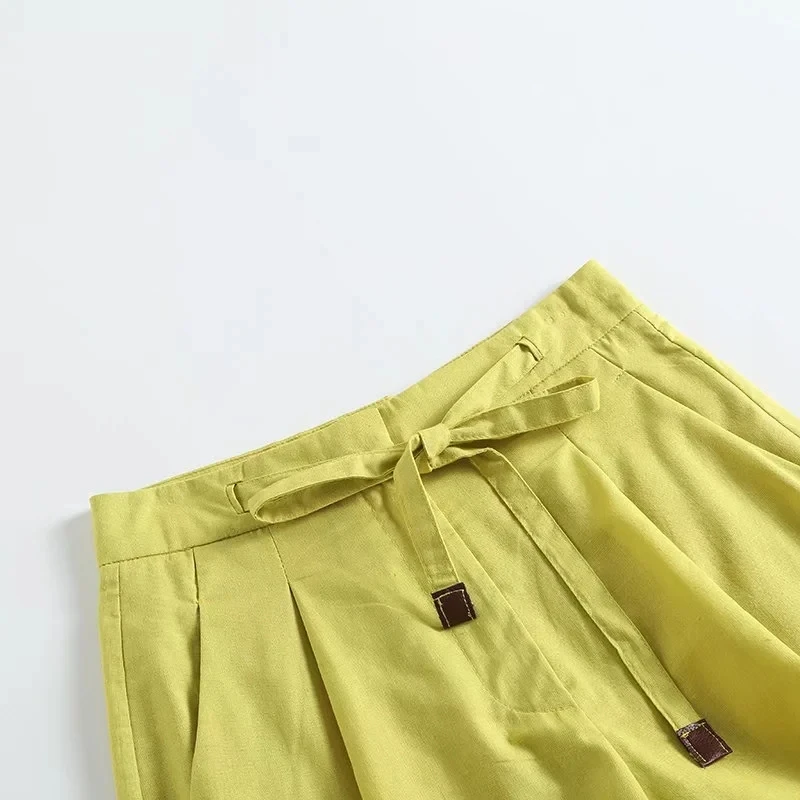 Dave&Di Pleated Medium Wasit Loose Bermuda Linen Cotton Shorts Women England Style Fashion Shorts Casual Shorts Sashes