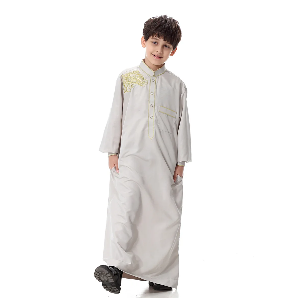 Middle East Muslim Teenager Robe Boys Jubba Thobe Islamic Child Long Sleeve Stand Collar Kaftans Jalabiya Arab Ramadan Costumes