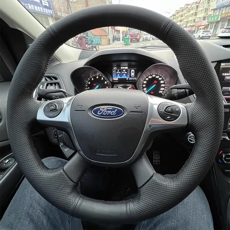 

For Ford Focus 3 2012 - 2014 KUGA Escape 2013 - 2016 Black Leather Hand-stitched Car Steering Wheel Cover Interior Accessories