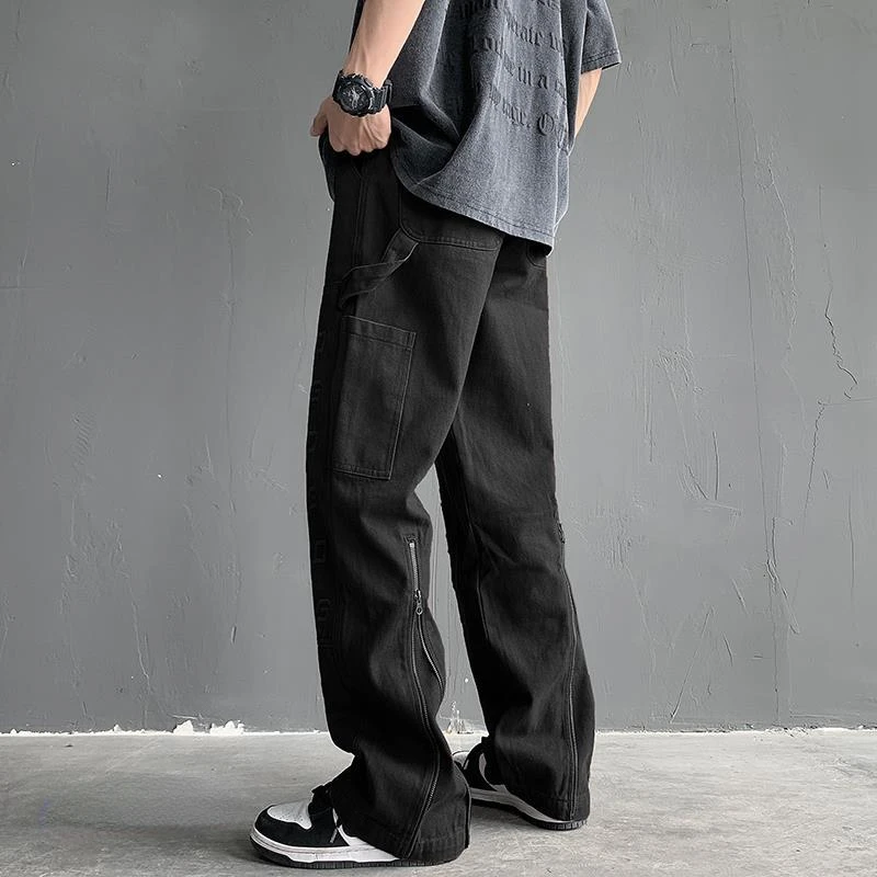 Brown Coffee Color Overalls Trend American Jeans Men's Street High Street Pants Design Sense Straight Casual Trousers Streetwear