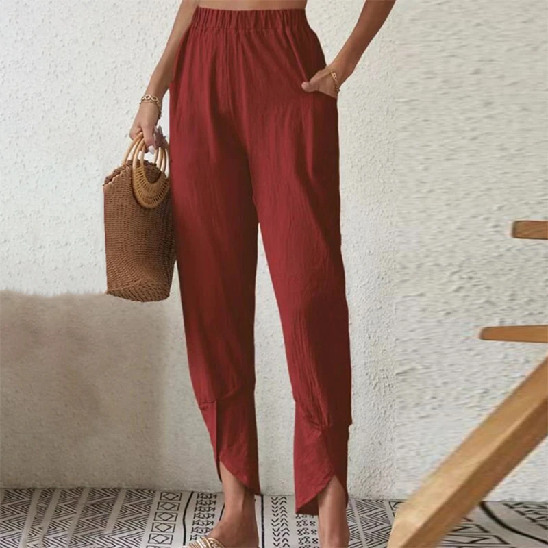 Women Straight Pants High Waist Elastic Lace Up Cotton Linen Long Pants Female Solid Color Casual Loose Wide Leg Trousers Daliy