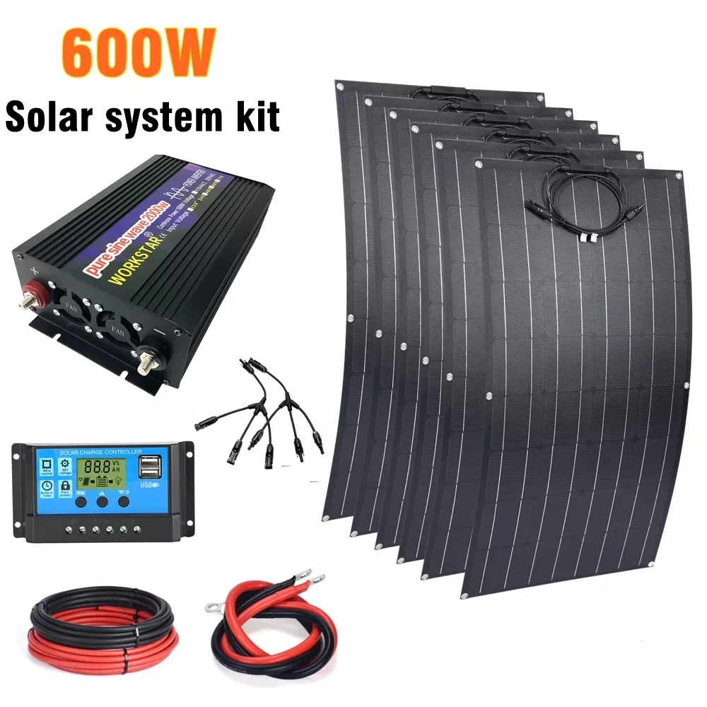 

600W Solar System Kit Home Camping 12V Battery Charger 100W ETFE Flexible Solar Panel Complete Off Grid Solar System Inverter
