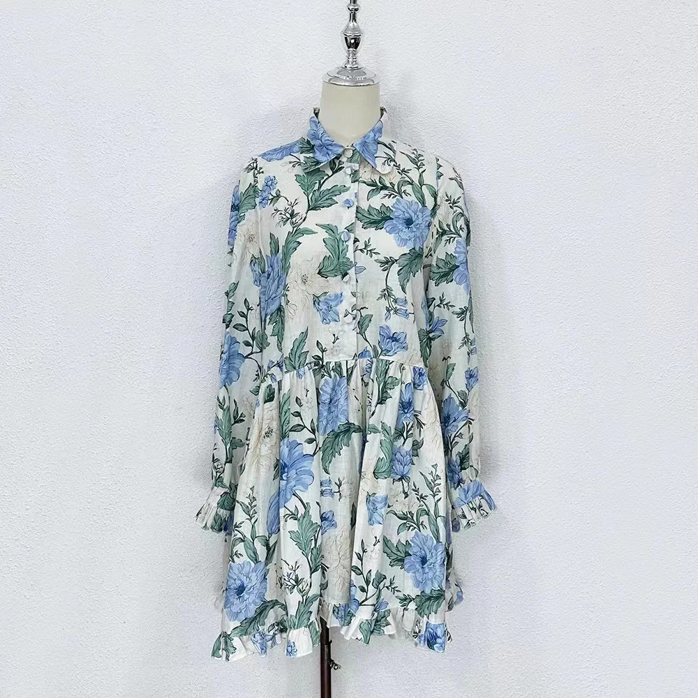 

High Quality 2023 Summer Women Fashion Runway Top Holiday Mini Flowers Print Dress Loose Ladies Hot Sale Linen Dresses