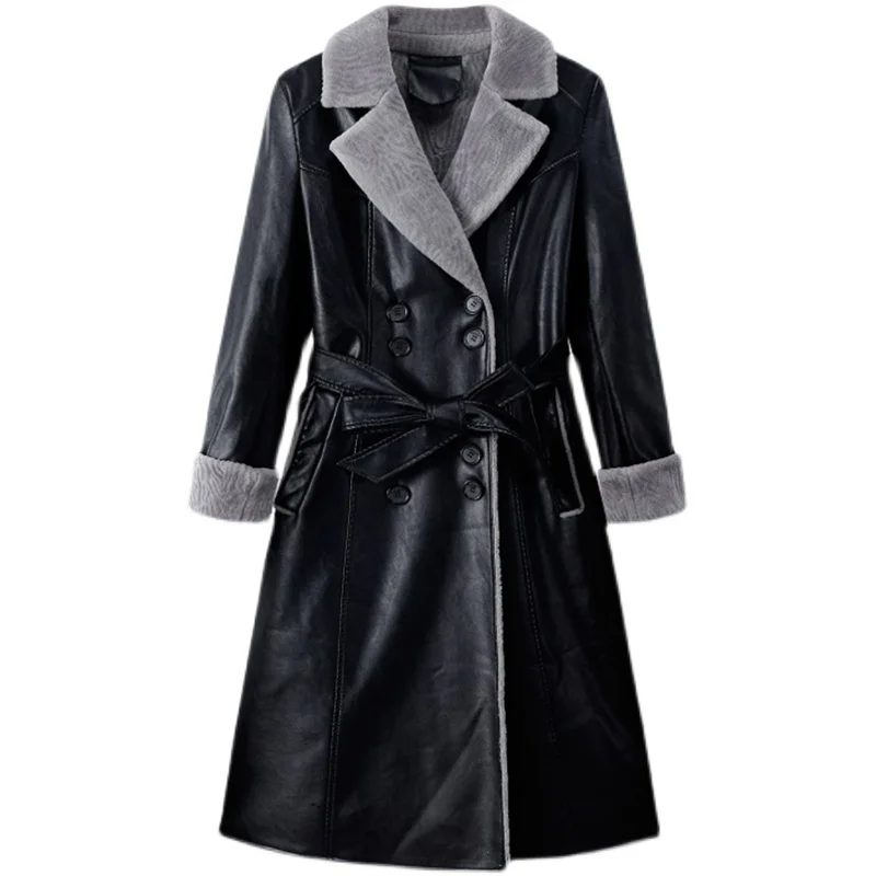 Genuine Leather Jacket Women Winter Fashion New Lamb Fur Liner Thicken Warm Long Overcoat Belt Sheepskin Coat Female Clothing
