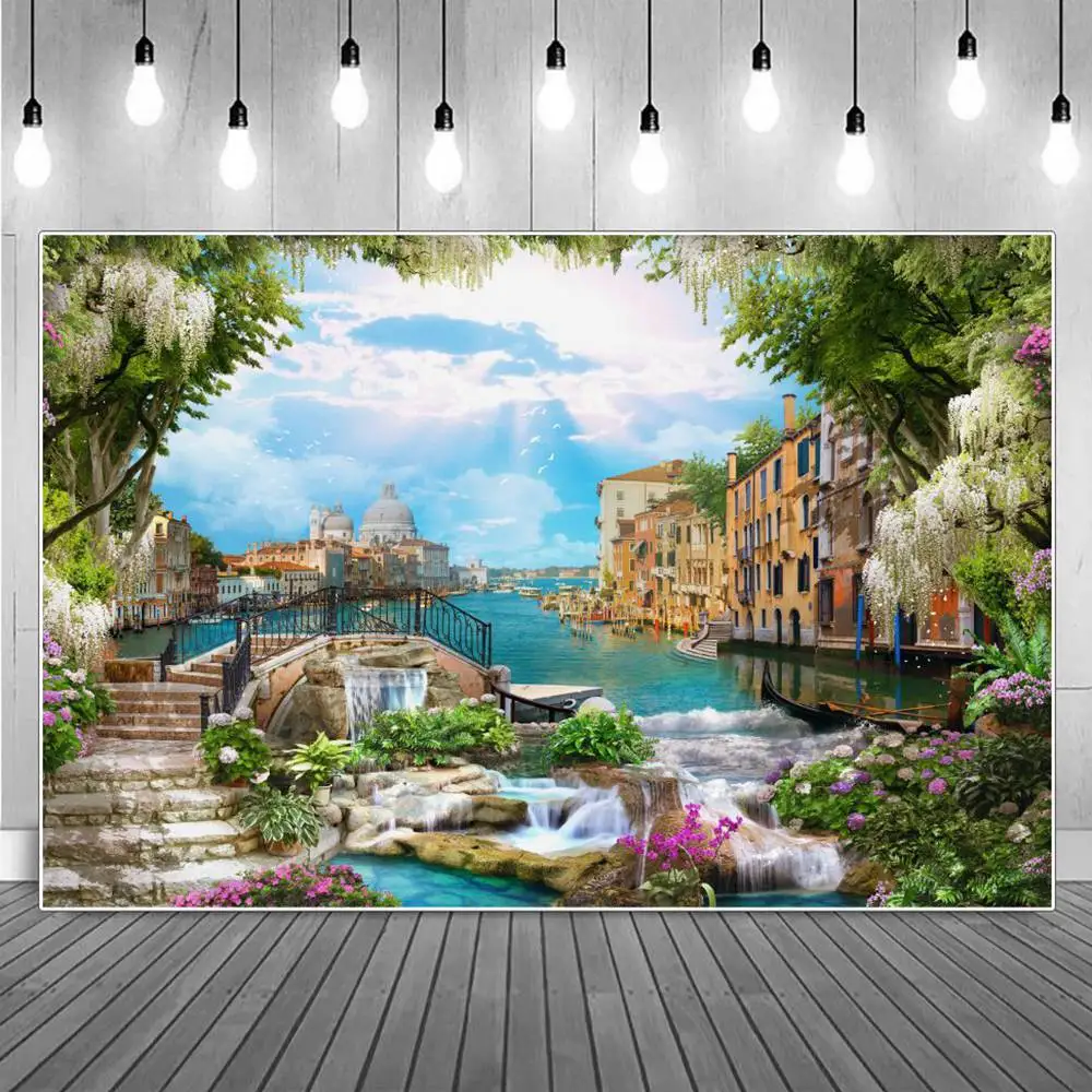 

Water City Building Scenery Birthday Decoration Photography Backdrops Natural Kids Garden Flowers Bridge Photographic Background
