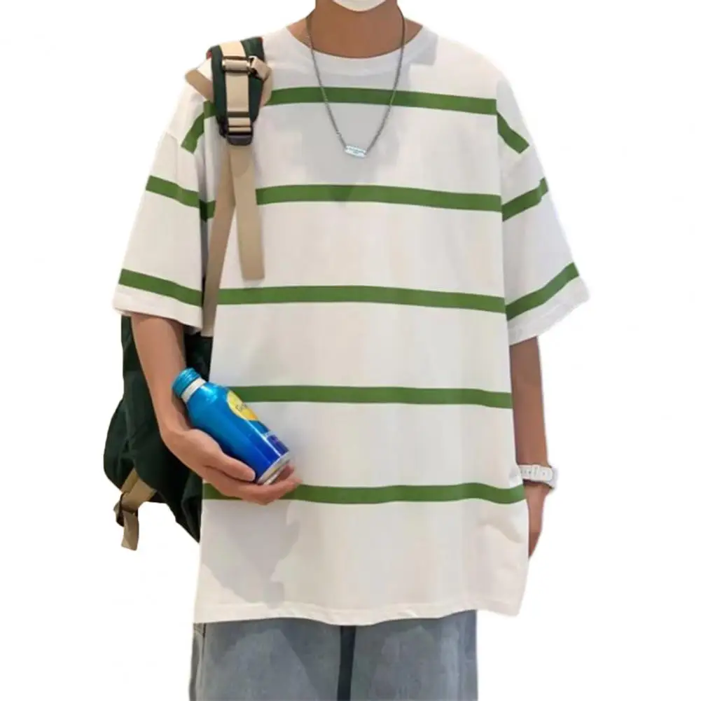 

Plus Size Men T-shirt Stripe Print Hip Hop Contrast Color Loose Type Soft Fabric Students Tops T-shirt Korean