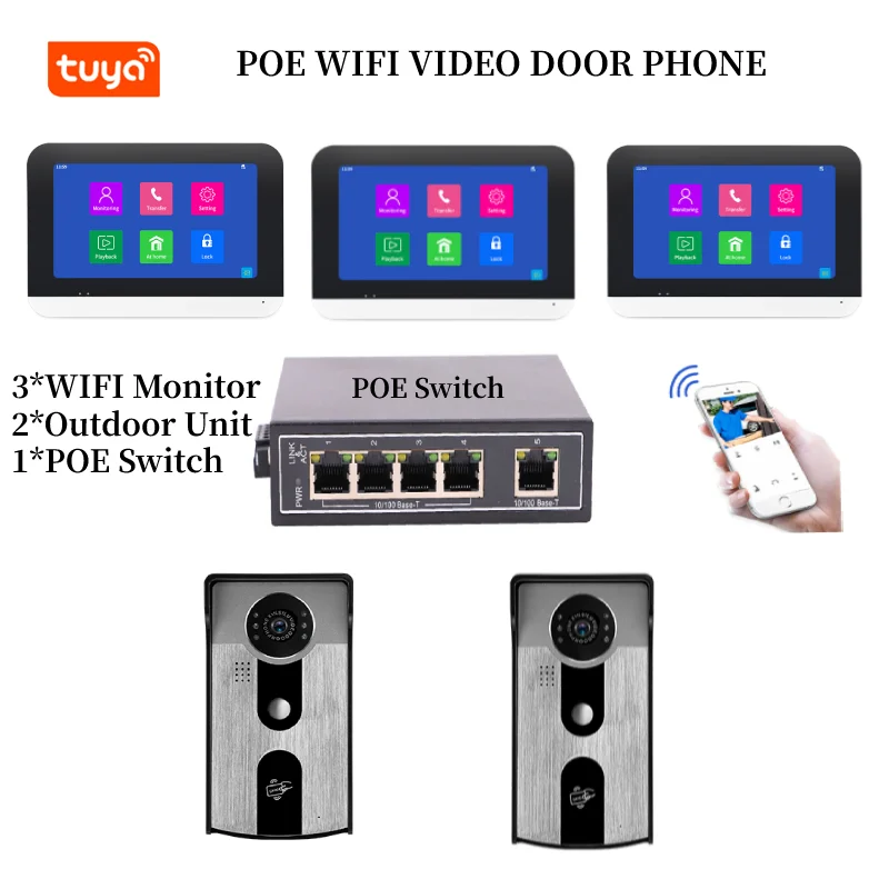 7 Inch Monitor Tuya APP Smart WIFI POE IP Video Door Phone Intercom System POE Switch Outdoor RFID Audio SIP Doorbell Camera Kit