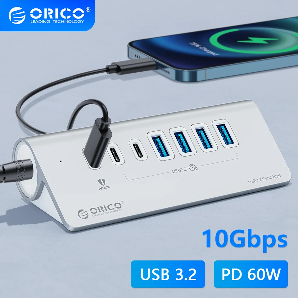 ORICO Док-станция с разными портами USB 4/7 и USB Type-C, Несколько USB-концентраторов типа C 4/7 слотов Зарядный адаптер Удлинитель Разветвитель нескольких портов USB 3.0 для ноутбуков Macbook
