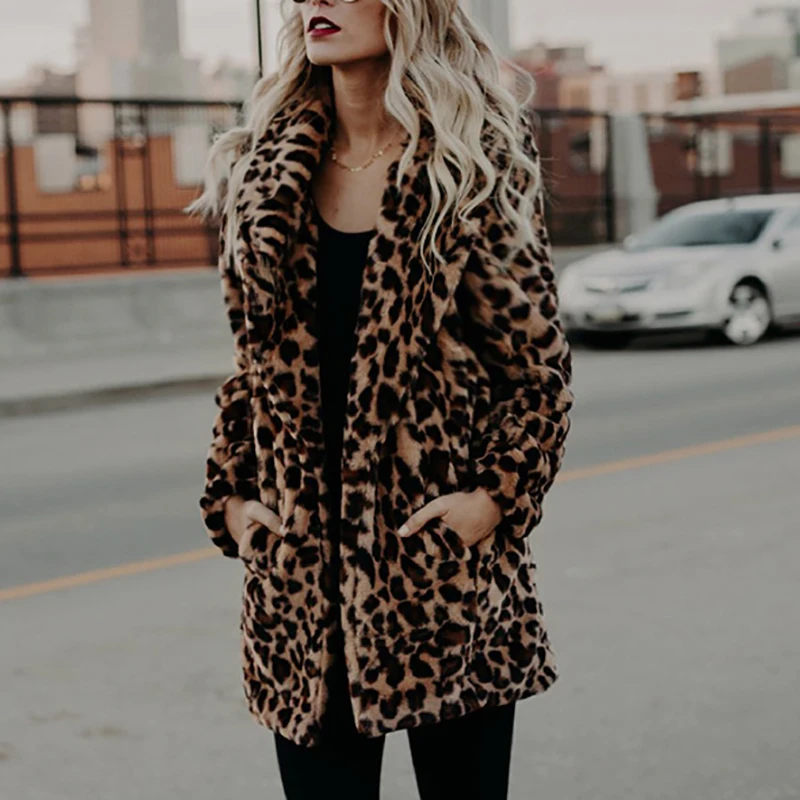 Women Winter Thick Warm Fashion Long Sleeve Luxury Leopard Print Faux Fur Coat Outerwear Artificial Fur Jacket Plush Clothing