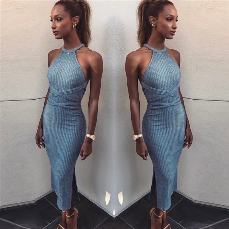 

Women Sexy Backless Lace up Sleeveless Slim Long Dress Cocktail Beach Evening Party Midi Dresses With Belt