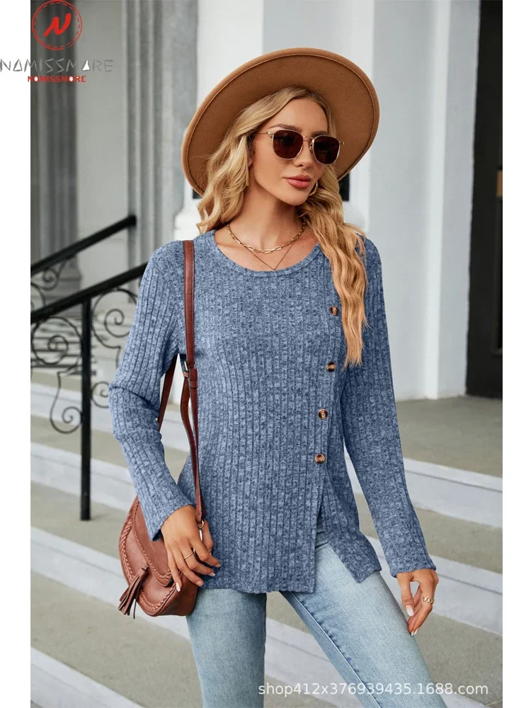 

Модные Женские однотонные футболки с разрезом, Дизайнерские пуговицы, с круглым вырезом и длинным рукавом, Осенние повседневные свободные пуловеры, Топ