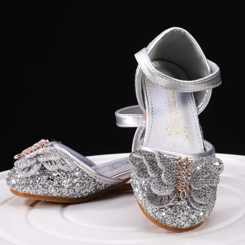 

Children Sparkling Glitter Shoes low Heel Round Toe Closed Toe Flower Girl Shoes Crystal for little kids Sandals