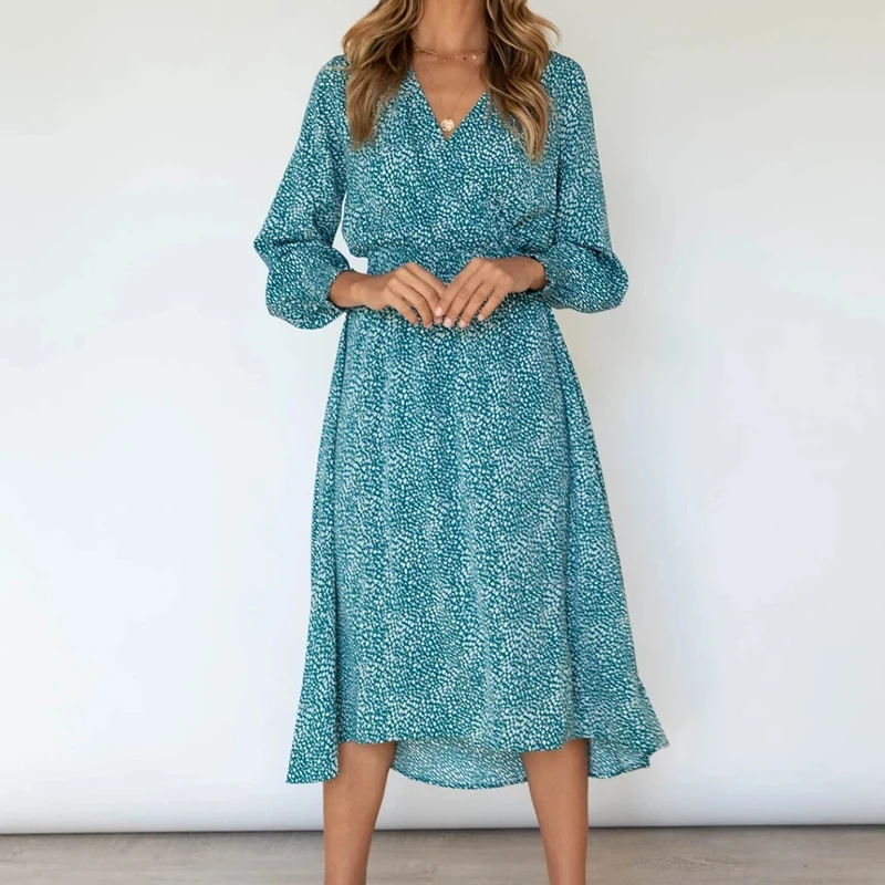 

New Fall Women's Clothing European and American Style Slim Fancy Elastic Waist Long Sleeve DressVCollar High Waist Midi Dress