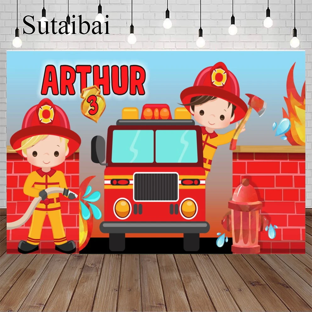 

Fireman Sam Photography Backdrop Boys Firefighter Engine Birthday Party Kids Photo Background Prop Booth Decoration Banner