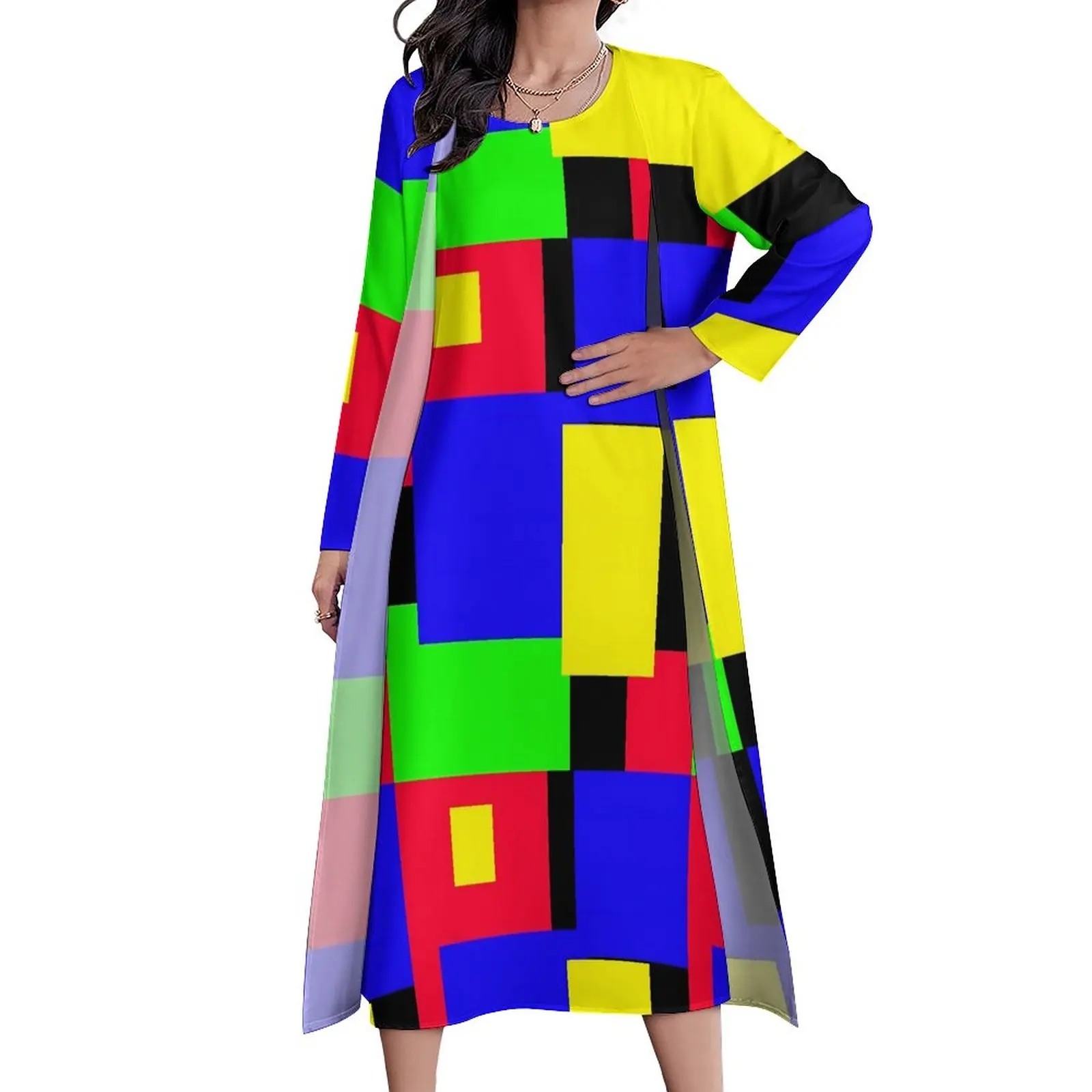 

Colorblock Dress Geometric Print Party Maxi Dress Aesthetic Bohemia Long Dresses Women Two-Piece Printed Oversized Vestidos