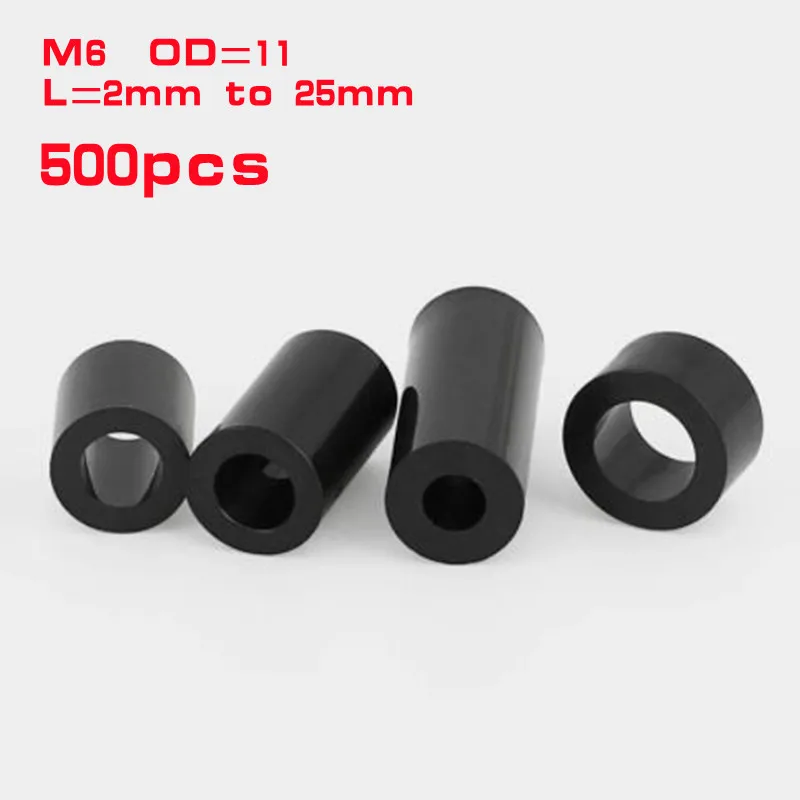 

500pcs M6*3/4/5/6/7/8/9/10 to 20mm Black ABS Non-Threaded Hollowed Nylon Spacer Round Hollow Standoff Washer PCB Board Screw