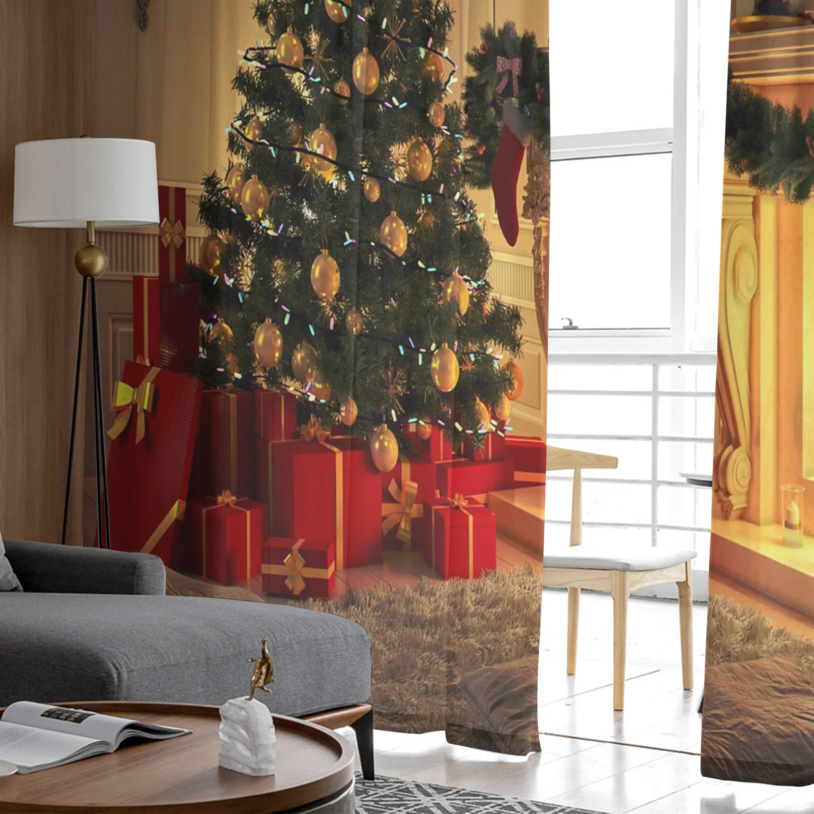 Рождественский венок на елку подарки камин тюлевые прозрачные Занавески для