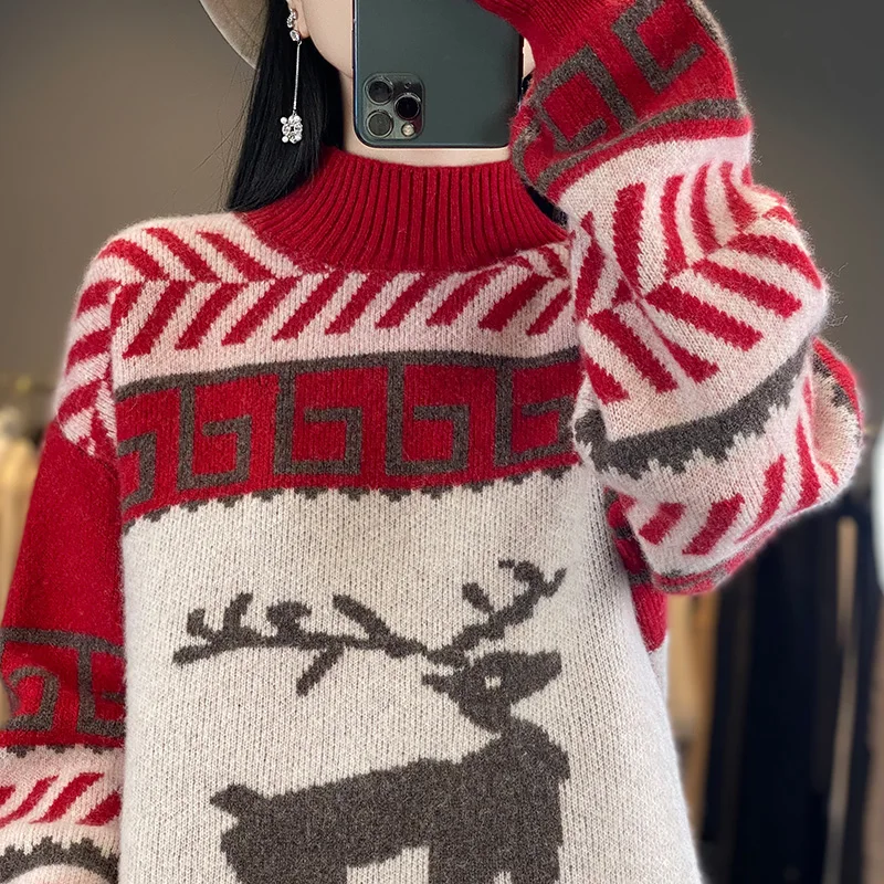 Deer 2025 рождественские утепленные женские свитера из 100% шерсти зимний вязаный