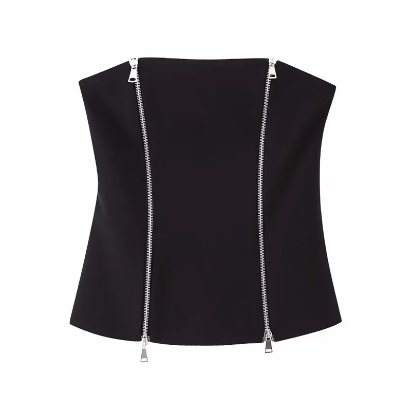 

Woman Sexy Black Slim Elastic Strapless Tanks 2023 Spring Female Fashion Zipper Tops Ladies High Street Backless Tank
