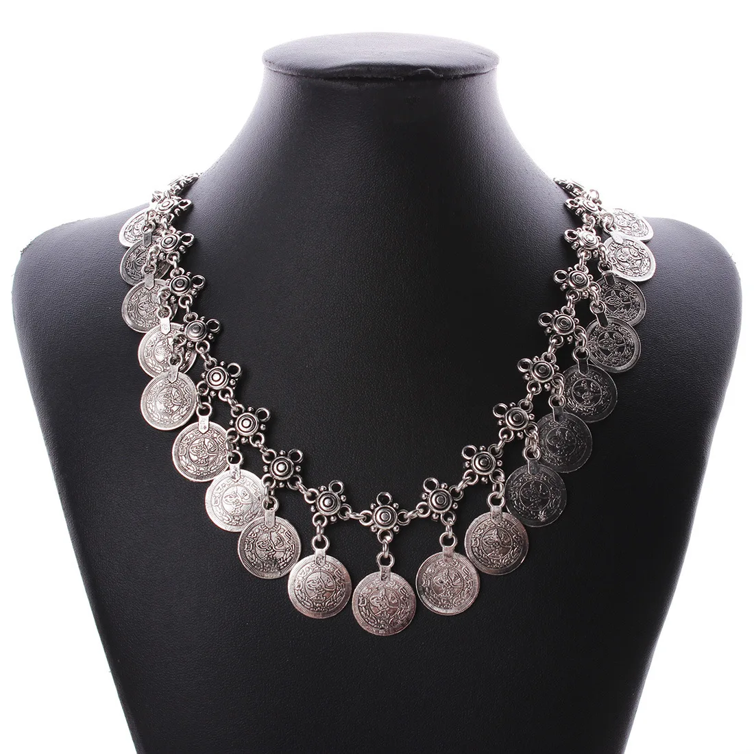 

Women Gypsy Choker Bohemian Antique-Silver Coin Necklace Vintage Trendy Indian Ethnic JewelrySet
