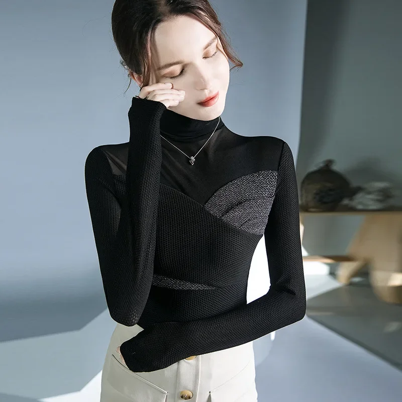 

HIgh Quality 2023 Women Tops Shiner Gauze T-shirt Female Clothing Winter Autumn Sexy Crop Top Clothes Casual Fashion Blouse Y2k