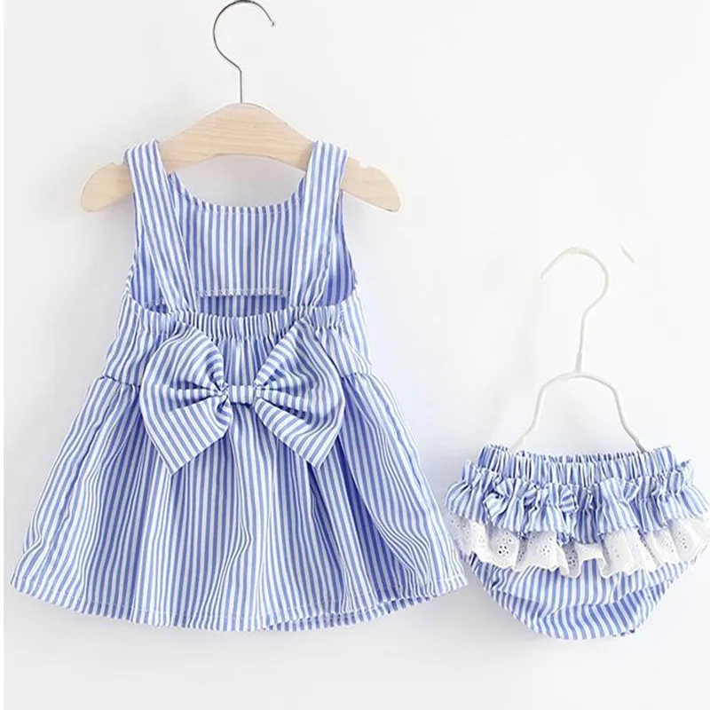 Summer Newborn Baby Girl Clothes Sets Fashion Stripe Bow SleevelessTop Ruffle PP Shorts 2Pcs Outfits 0-2 Years