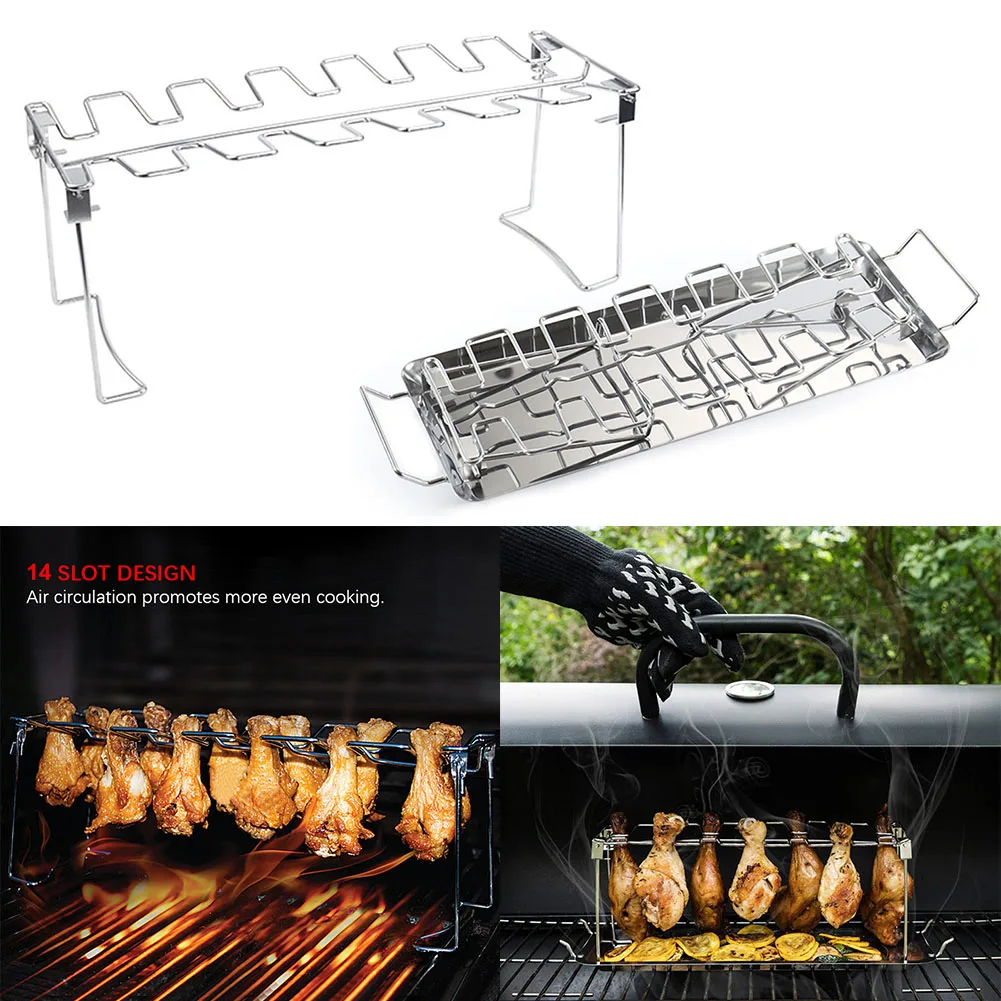

Stainless Steel Barbecue Drumsticks Holder BBQ Beef Chicken Leg Wing Grill Rack with Drip Pan 14 Slots Smoker Oven Roaster Stand