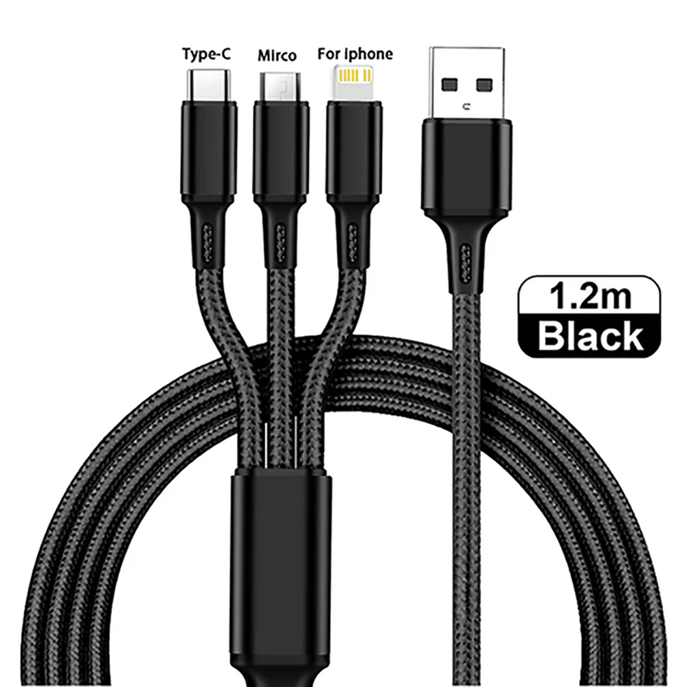 

3 In 1 USB Type C Cable Phone Charge Cable Nylon Braided Universal Charging Data Cord For iphone 14 Xiaomi Huawei Mate 40