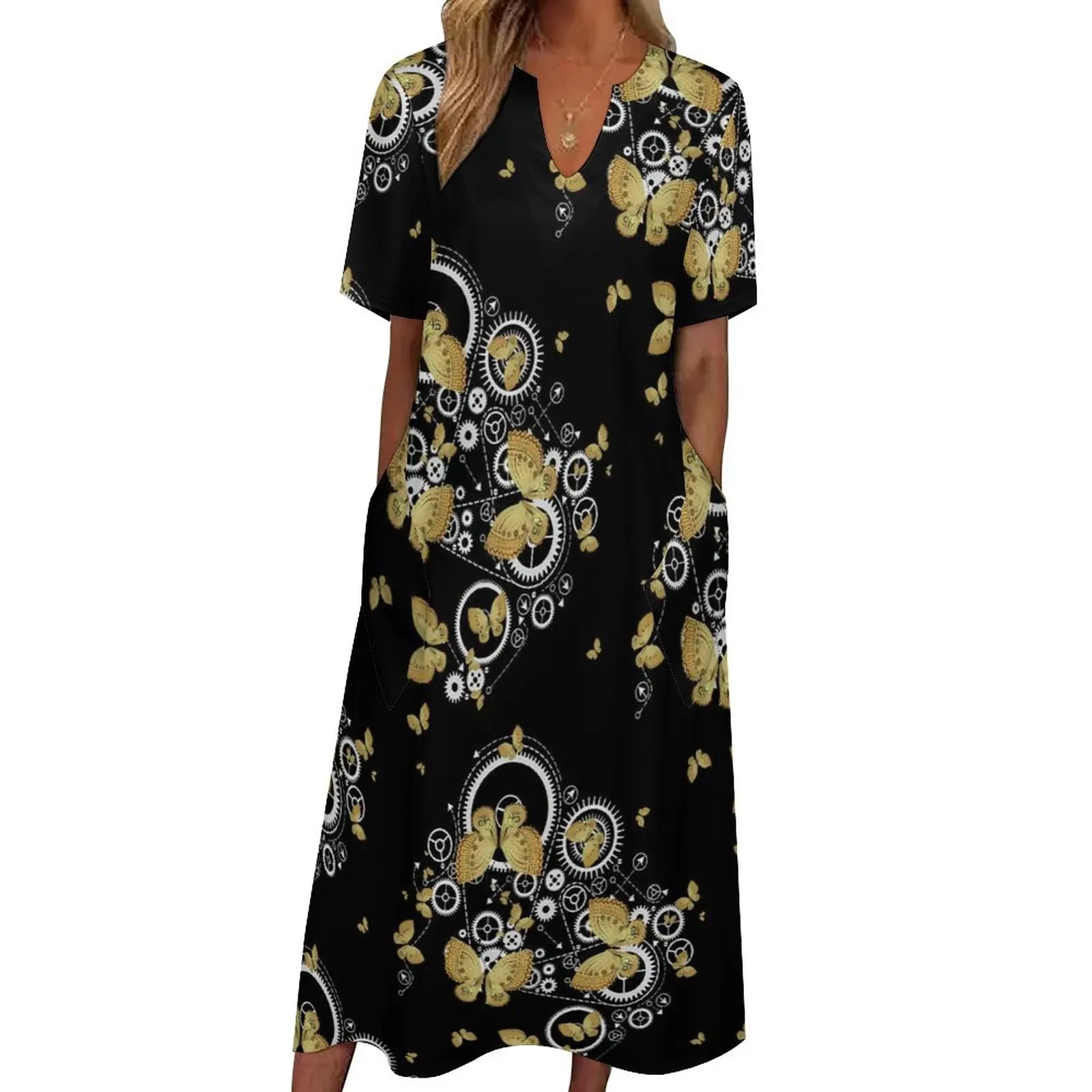 

Платье-макси с принтом «бабочка» и V-образным вырезом