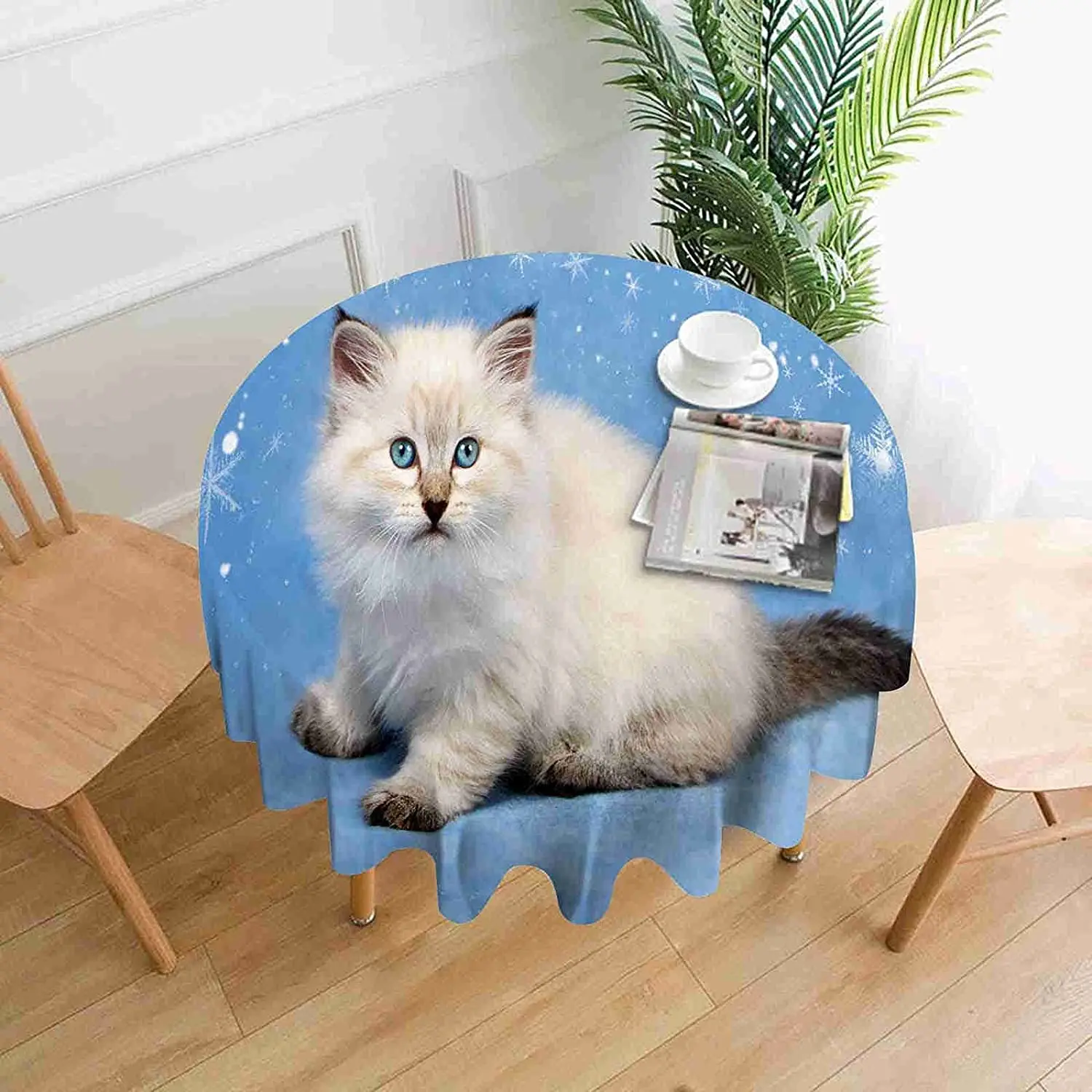 

Christmas Cat Round Tablecloth White Kitten Snowflakes Amazing Animal Celebration Cold Blue Winter Blue Round Tablecloth