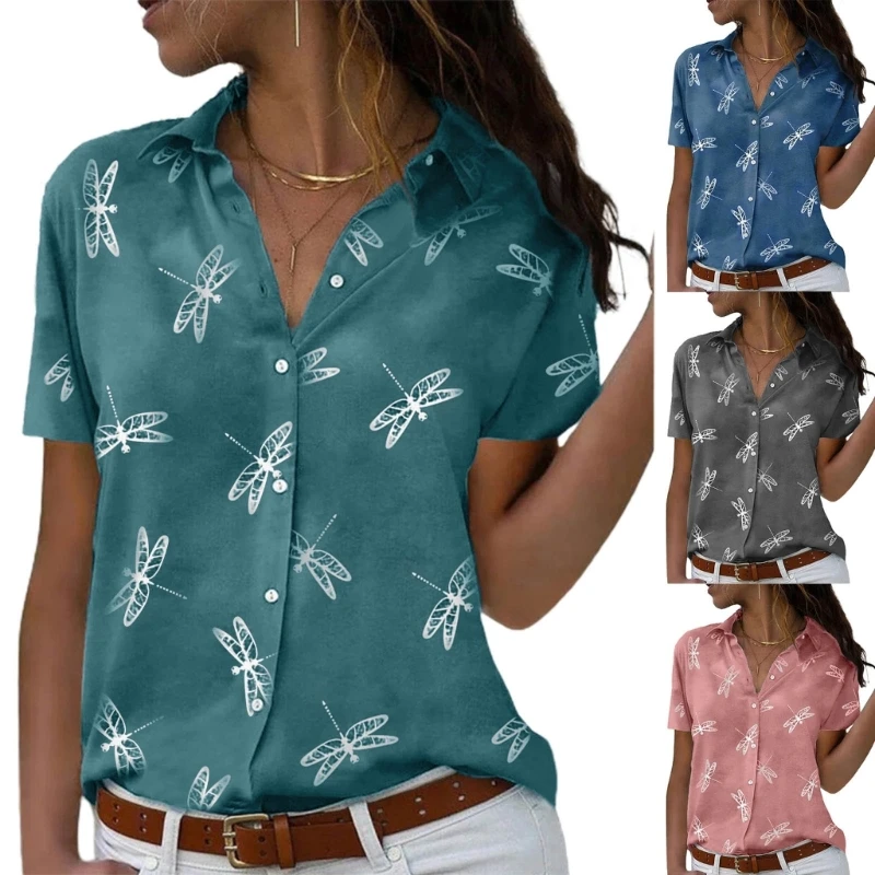

Women Casual Button Down Top Loose Cardigan T-Shirt Relaxed-Fit Blouse Floral Printed T-Shirt Short Sleeve Blouses Shirt N7YD