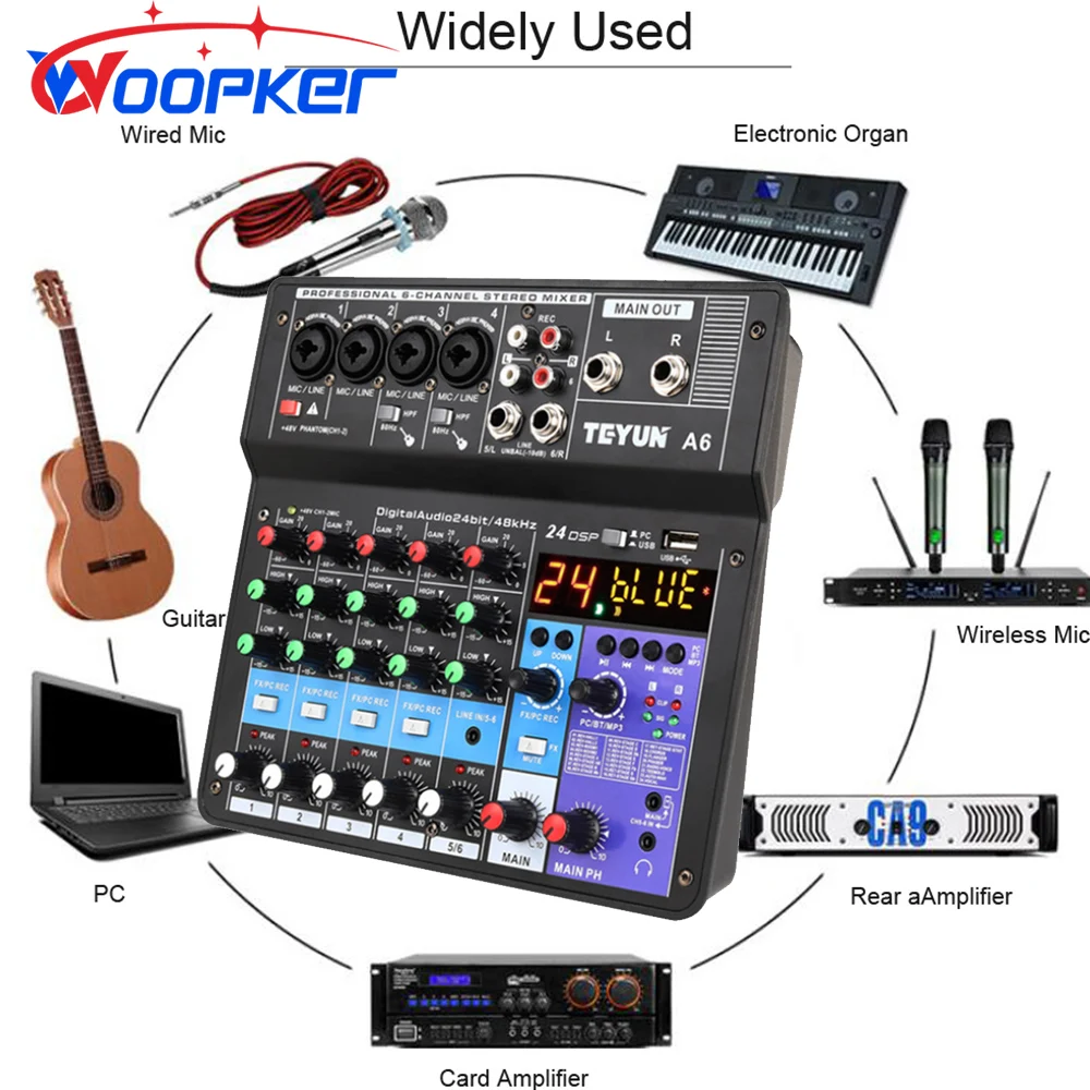

Professional 6 Channel Audio Mixer A6 Sound Mixing Console USB Input 48V Power for DJ Recording Studio