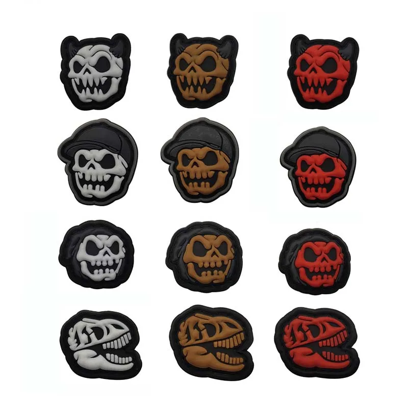 3D PVC Rubber Backpack Patches,Mini Funny Skeleton Skull Stickers Dinosaur Fossil Tactical Hook Badge Patch For Hat,Helmet