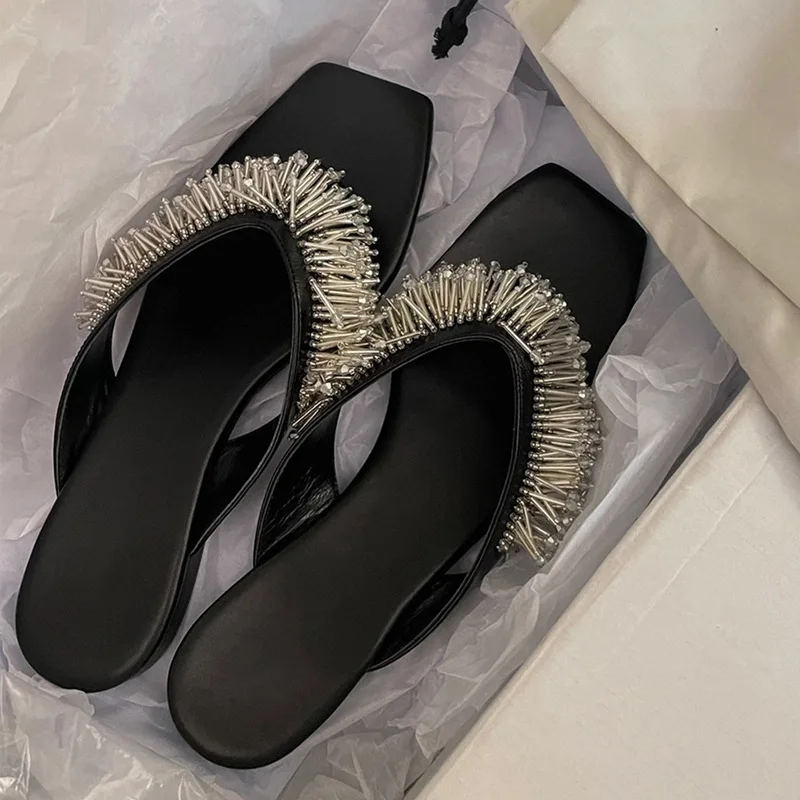 Women Flip Flops Summer Outside Designer Tassel String Bead Slippers Women Flats Square Toe Beach Fashion Sandals