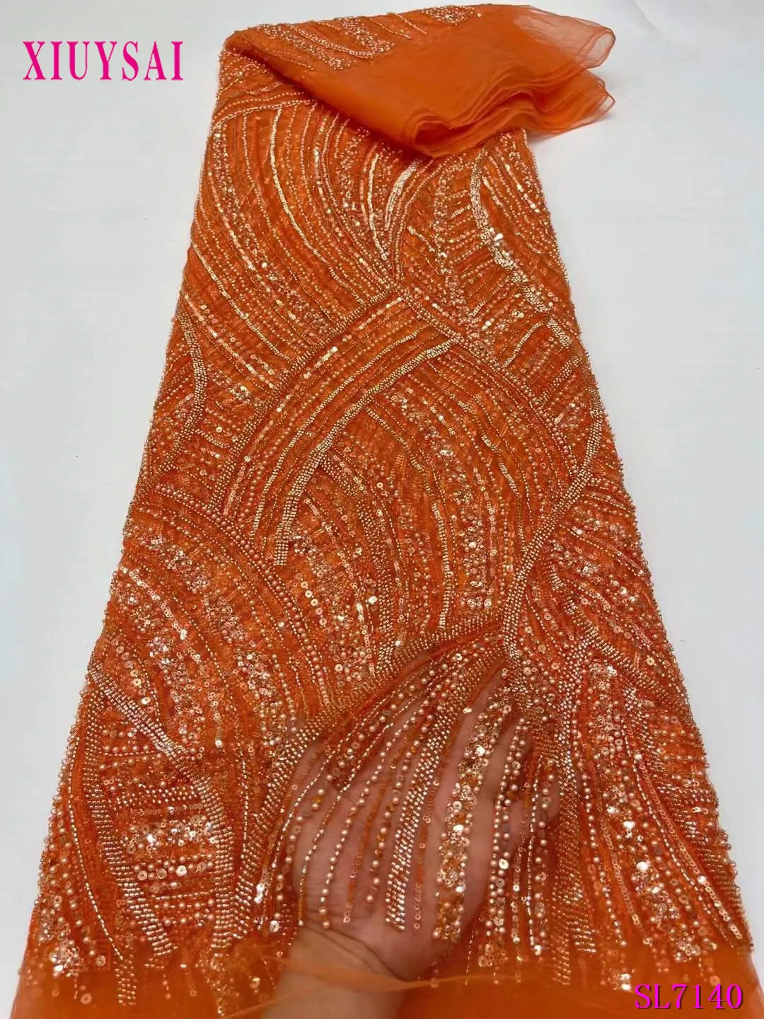 

Высококачественная кружевная ткань из бисера для свадьбы, материал из белого кружева с блестками, роскошная африканская кружевная ткань, 5 ярдов