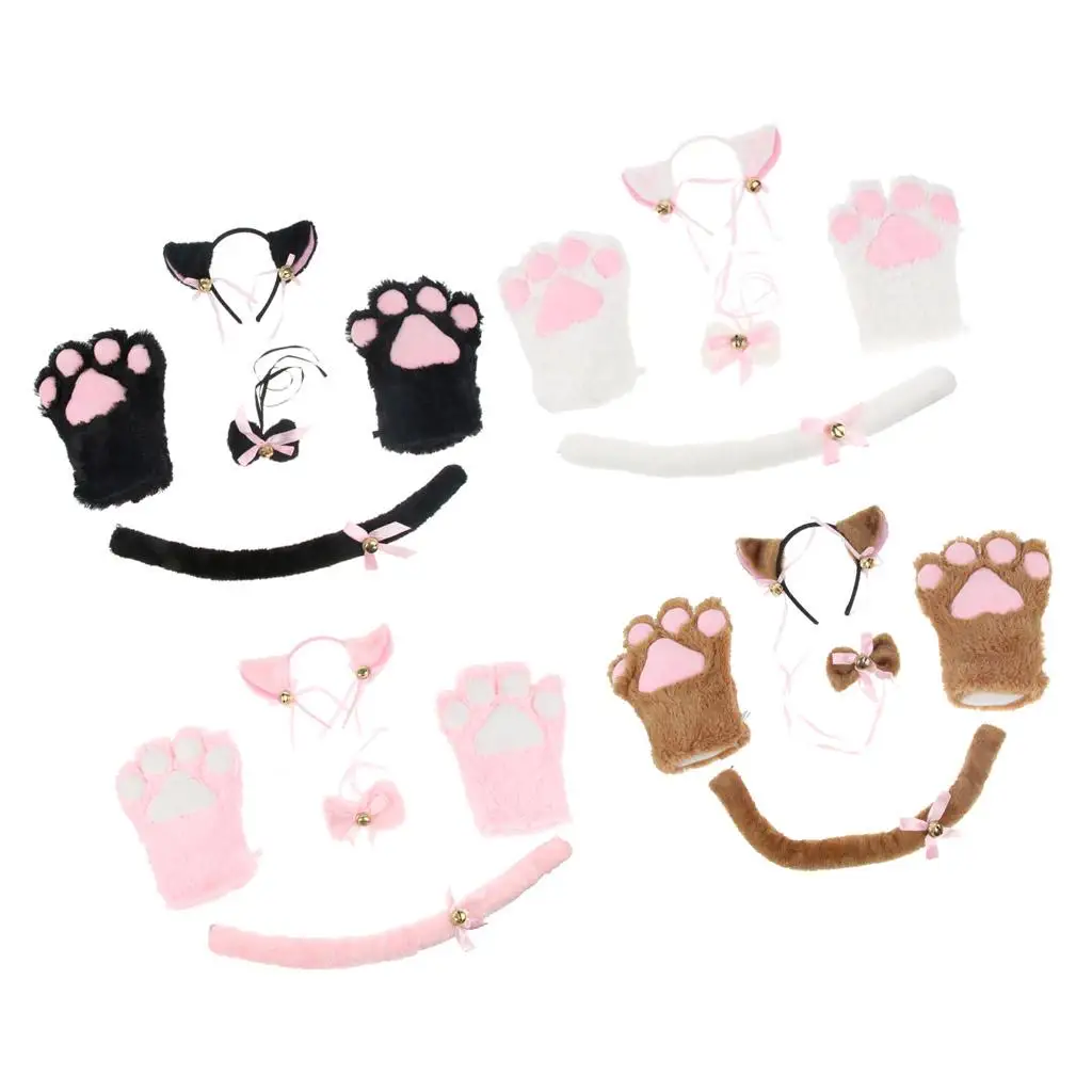 

Cat Cosplay Set Plush Gloves Ears Tail Collar Paws Halloween Party Costume