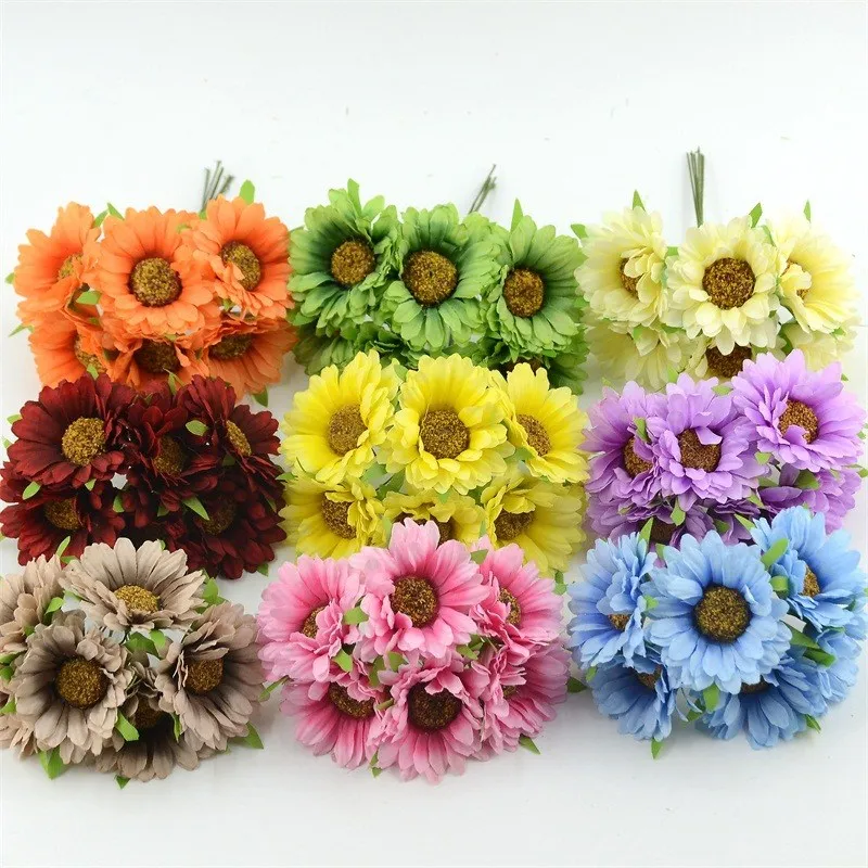 

6pcs 5cm Head Cheap Daisy Artificial Flower Sunflower Marriage Bouquet Home Bedroom Wedding Decor DIY Wreaths Craft Fake Flowers