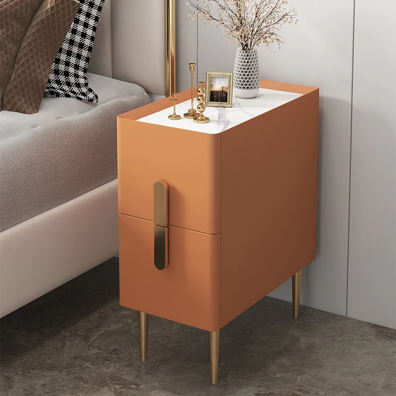 

Nordic Style Bedside Table Modern Mini Narrow Rock Surface Nightstand Bedroom Self-Contained 2 Drawers Wooden Bedroom Tables