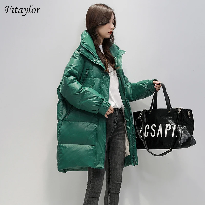 

Fitaylor White Duck Down Jacket Woman Stand Collar Long Coat Winter Loose Waterproof Down Overcoats Loose Parka Snow Outerwear