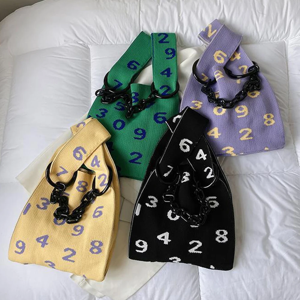 

Fashion Acrylic Chains Tote Handbags Designer Waist Bags for Women Crochet Shoulder Bag Small Knitting Shopper Purses Clutch New